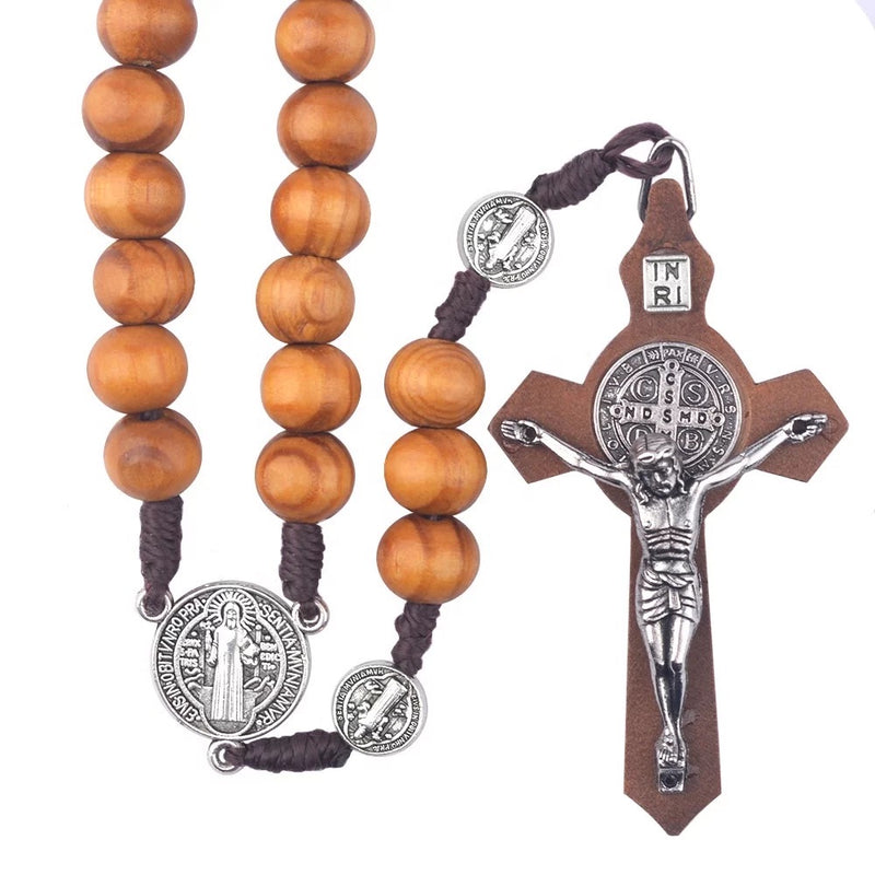 Catholic Town Saint Benedict rosary with 10mm Olive wood beads and cross crucifix, Handmade ( ROSSBWBC-IVR )