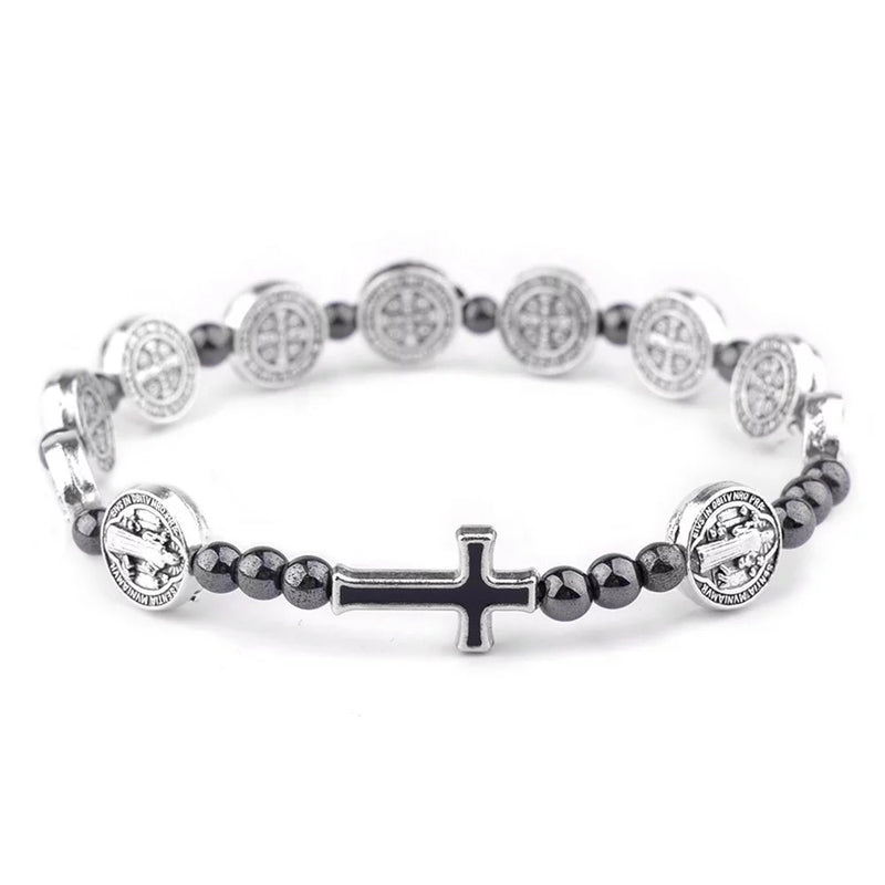Catholic Town St Benedict stretch rosary bracelet with Hematite 6mm beads & cross ( CTBSBB-BLK )
