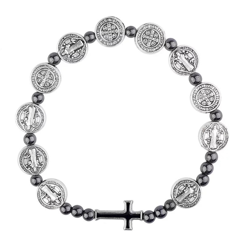 Catholic Town St Benedict stretch rosary bracelet with Hematite 6mm beads & cross ( CTBSBB-BLK )