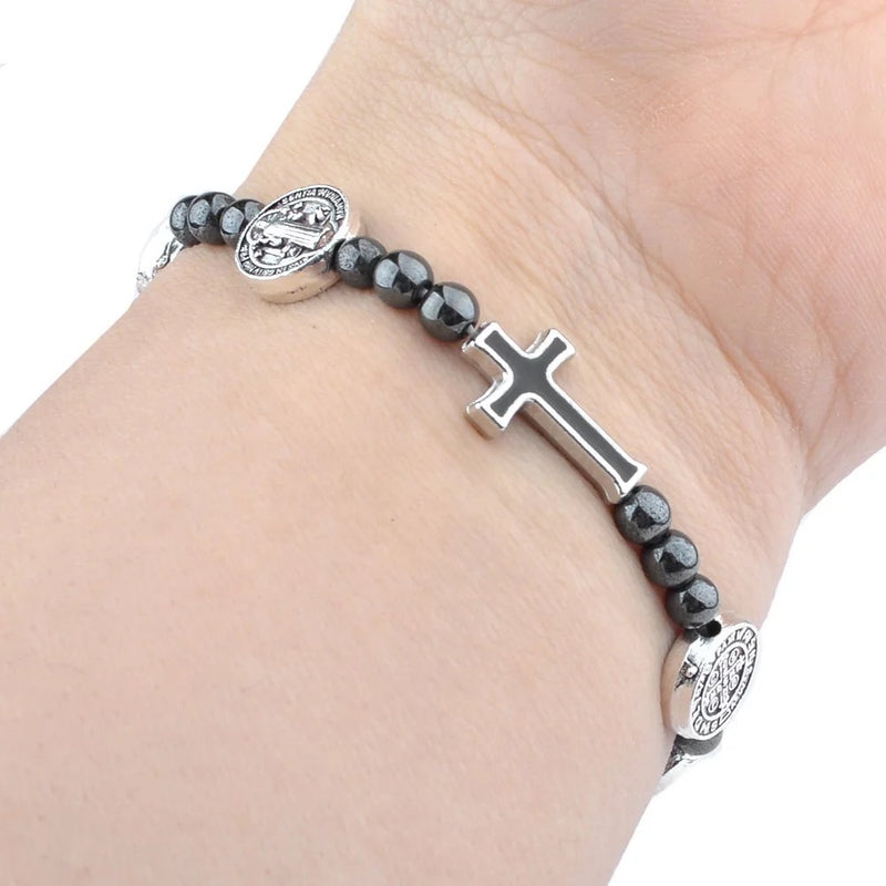 Catholic Town St Benedict stretch bracelet with Hematite beads & cross ( CTBSBB-BLK )