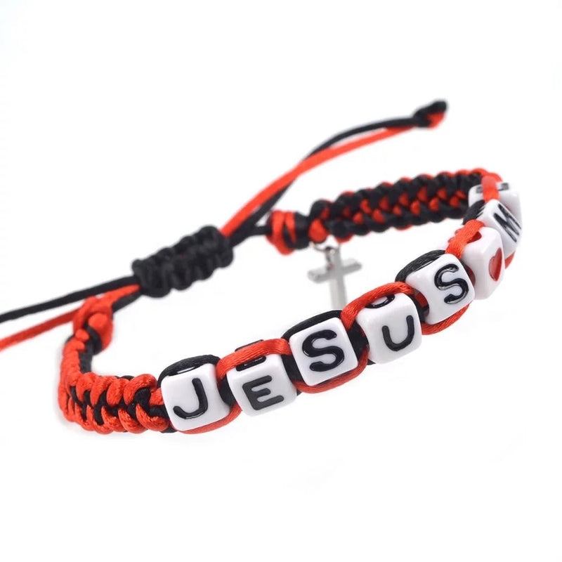 Catholic Town adjustable cord Bracelet with JESUS LOVE ME beads and metallic cross ( CTBJESUSC-BR )