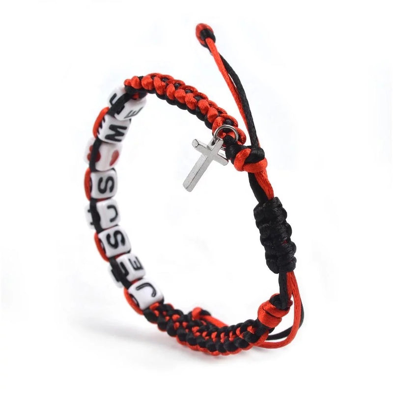 Catholic Town adjustable cord Bracelet with JESUS LOVE ME beads and metallic cross ( CTBJESUSC-BR )
