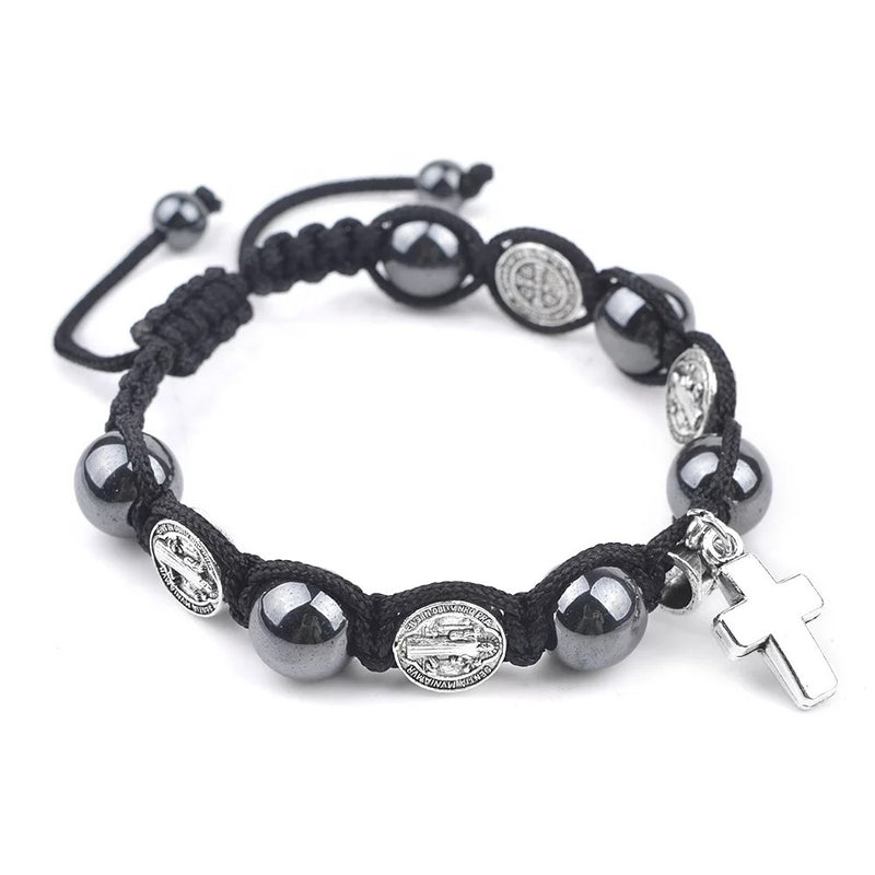Catholic Town St Benedict adjustable cord bracelet with 10mm Hematite beads ( CTBSBB10-BLK )