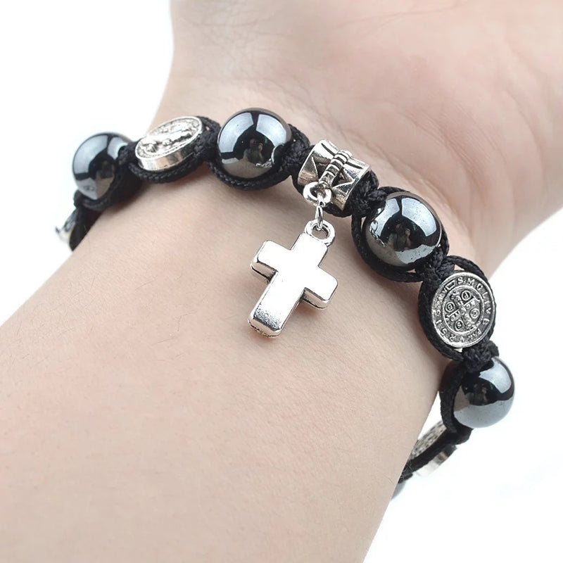 Catholic Town St Benedict adjustable cord bracelet with 10mm Hematite beads ( CTBSBB10-BLK )