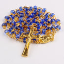 Catholic Town Necklace Rosary 4*6mm Faceted Blue Glass beads, Gold Catholic Rosary Prayer Necklace with Fatima Center Piece and Crucifix (CTRF46GB-BLUG)