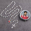 Catholic Town rosary with Saint Carlo Acutis center piece and metallic rosary box ( CTROSMIRCA-WHT )