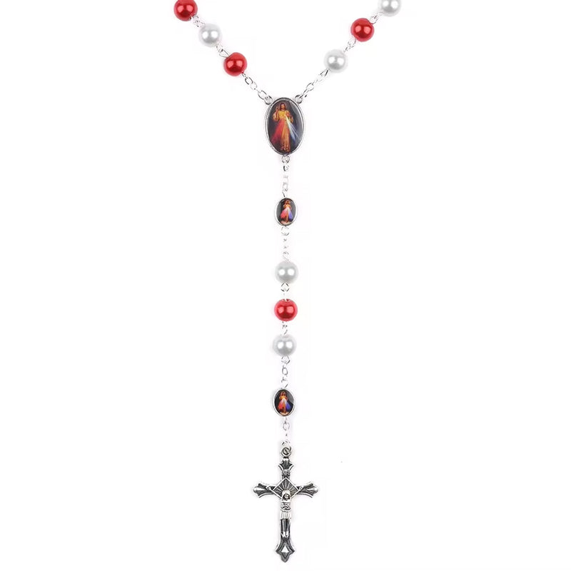 Catholic Town Rosary Necklace with Divine Mercy centerpiece and metal Cross Crucifix  ( ROSGPDM-WR )