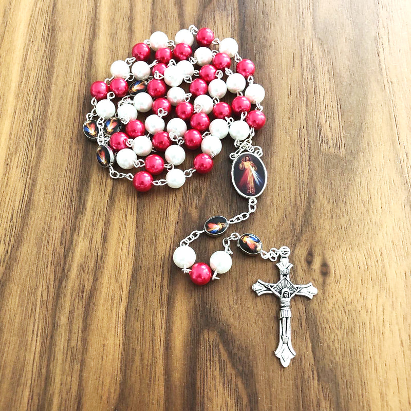 Catholic Town Rosary Necklace with Divine Mercy centerpiece and metal Cross Crucifix  ( ROSGPDM-WR )