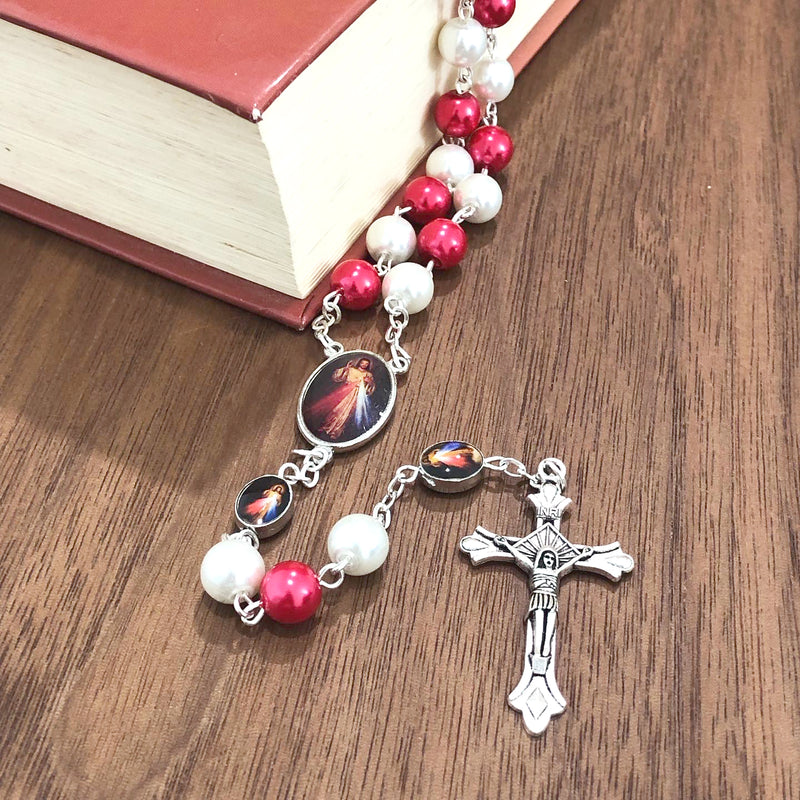 Catholic Town Rosary Necklace with Divine Mercy centerpiece and metal Cross Crucifix  ( ROSGPDM-WR )