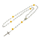 Catholic Town Rosary with Our Lady of Charity "Virgen de la Caridad del Cobre" center piece, 6mm white pearl imitation beads and Jerusalem Crucifix cross ( ROSJCMR-WY )