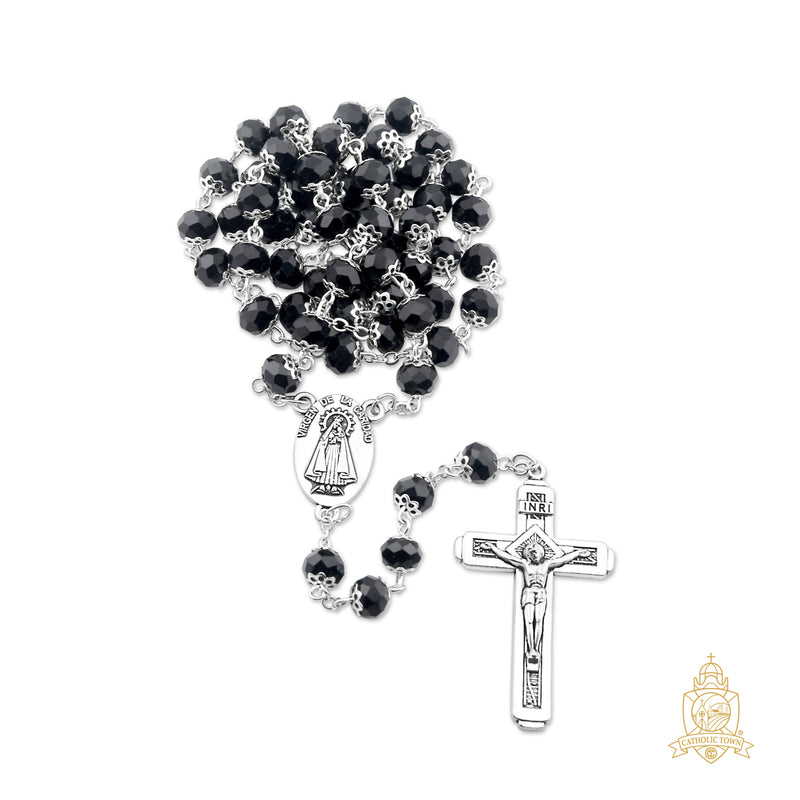 Catholic Town 8mm crystal beads, Our Lady of Charity "Virgen de la Caridad del Cobre" Rosary with Jerusalem Crucifix cross ( Available colors: Black, Blue, Clear, Red, White and Yellow )