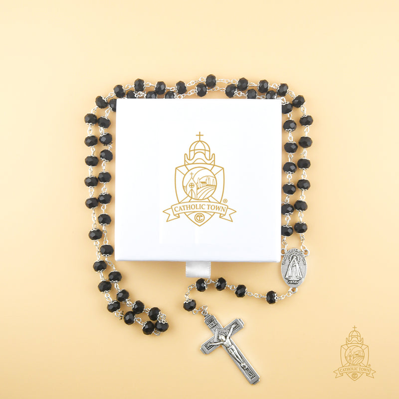 Catholic Town 8mm crystal beads, Our Lady of Charity "Virgen de la Caridad del Cobre" Rosary with Jerusalem Crucifix cross ( Available colors: Black, Blue, Clear, Red, White and Yellow )