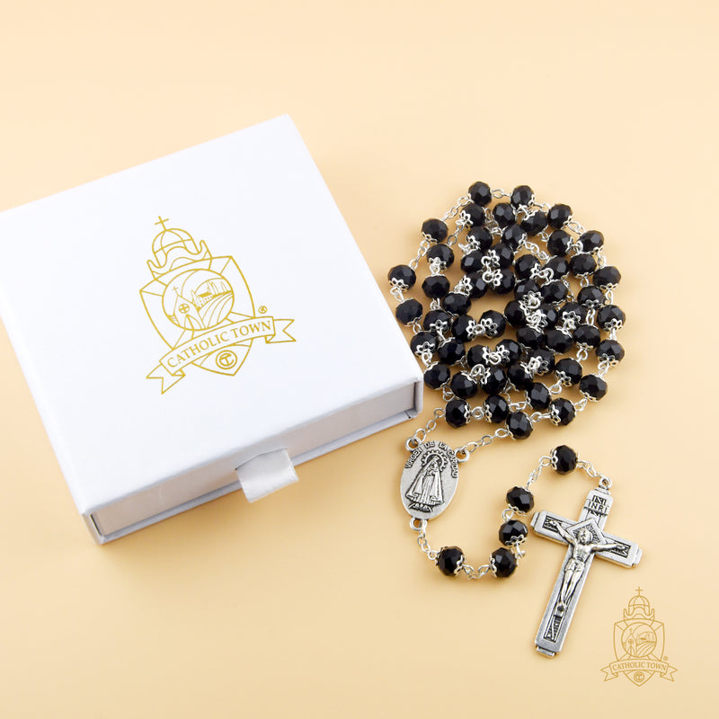 Catholic Town 8mm crystal beads, Our Lady of Charity "Virgen de la Caridad del Cobre" Rosary with Jerusalem Crucifix cross ( Available colors: Black, Blue, Clear, Red, White and Yellow )