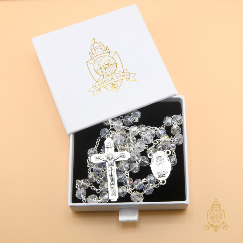 Catholic Town 8mm crystal beads, Our Lady of Charity "Virgen de la Caridad del Cobre" Rosary with Jerusalem Crucifix cross ( Available colors: Black, Blue, Clear, Red, White and Yellow )