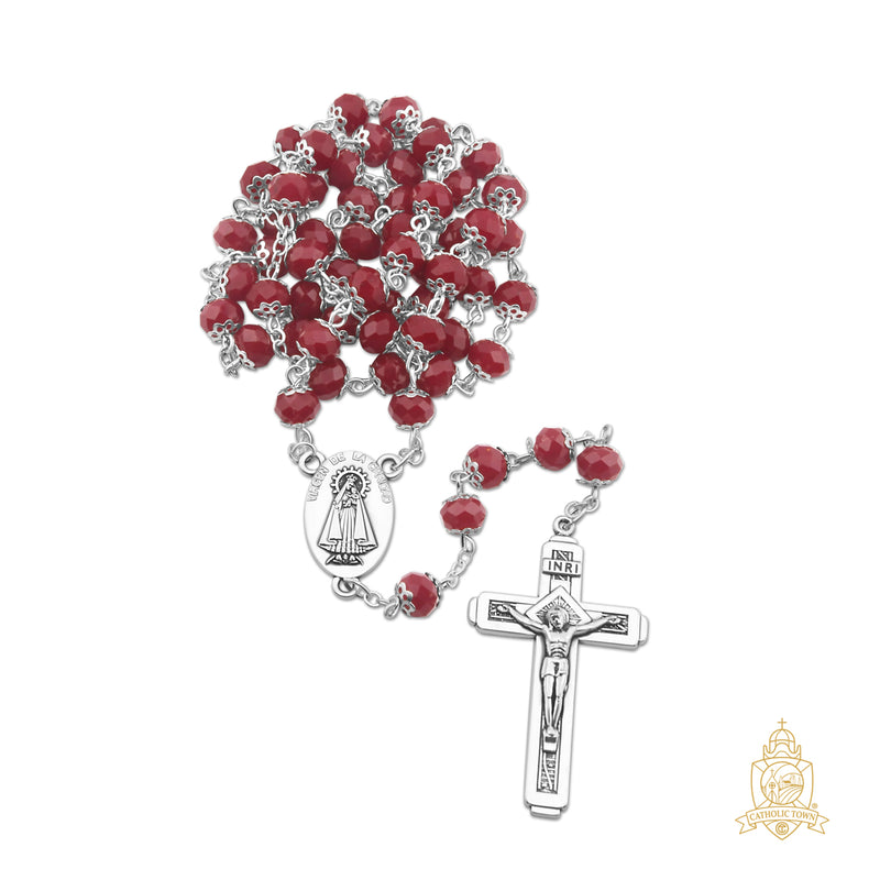 Catholic Town 8mm crystal beads, Our Lady of Charity "Virgen de la Caridad del Cobre" Rosary with Jerusalem Crucifix cross ( Available colors: Black, Blue, Clear, Red, White and Yellow )