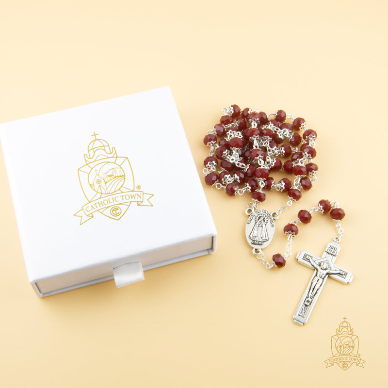 Catholic Town 8mm crystal beads, Our Lady of Charity "Virgen de la Caridad del Cobre" Rosary with Jerusalem Crucifix cross ( Available colors: Black, Blue, Clear, Red, White and Yellow )