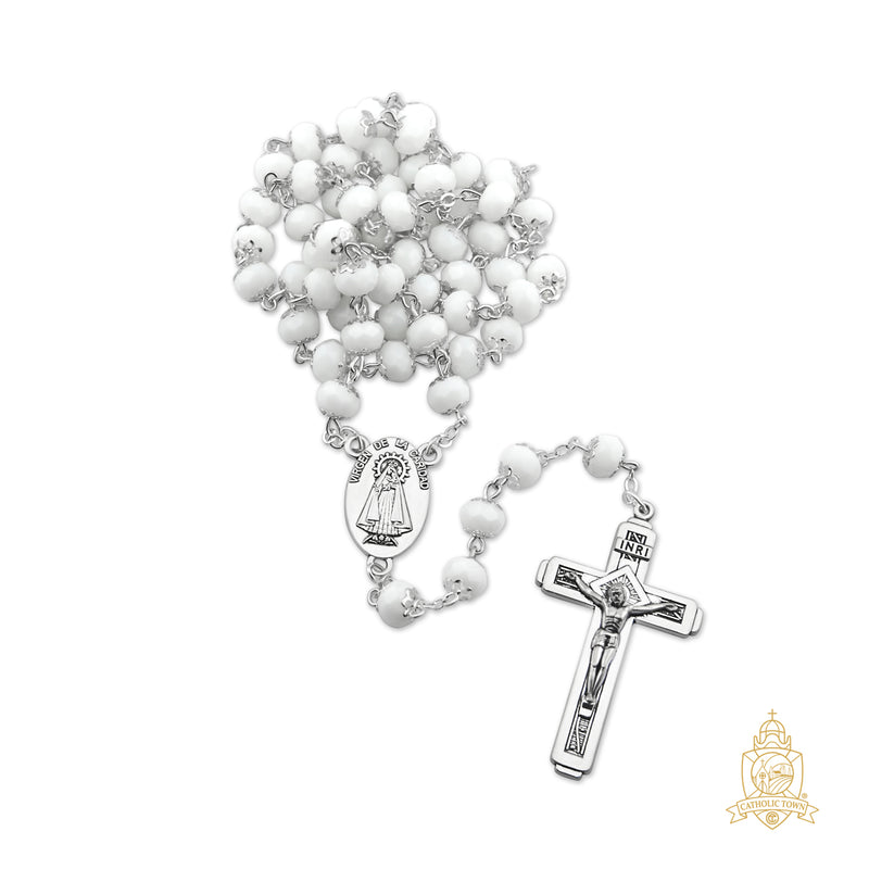 Catholic Town 8mm crystal beads, Our Lady of Charity "Virgen de la Caridad del Cobre" Rosary with Jerusalem Crucifix cross ( Available colors: Black, Blue, Clear, Red, White and Yellow )