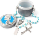 Catholic Town 6mm Glass Pearl Beads First Communion Rosary Necklace with Silver Zinc Alloy Rosary Box ( ROSJFCMMB-BLU )