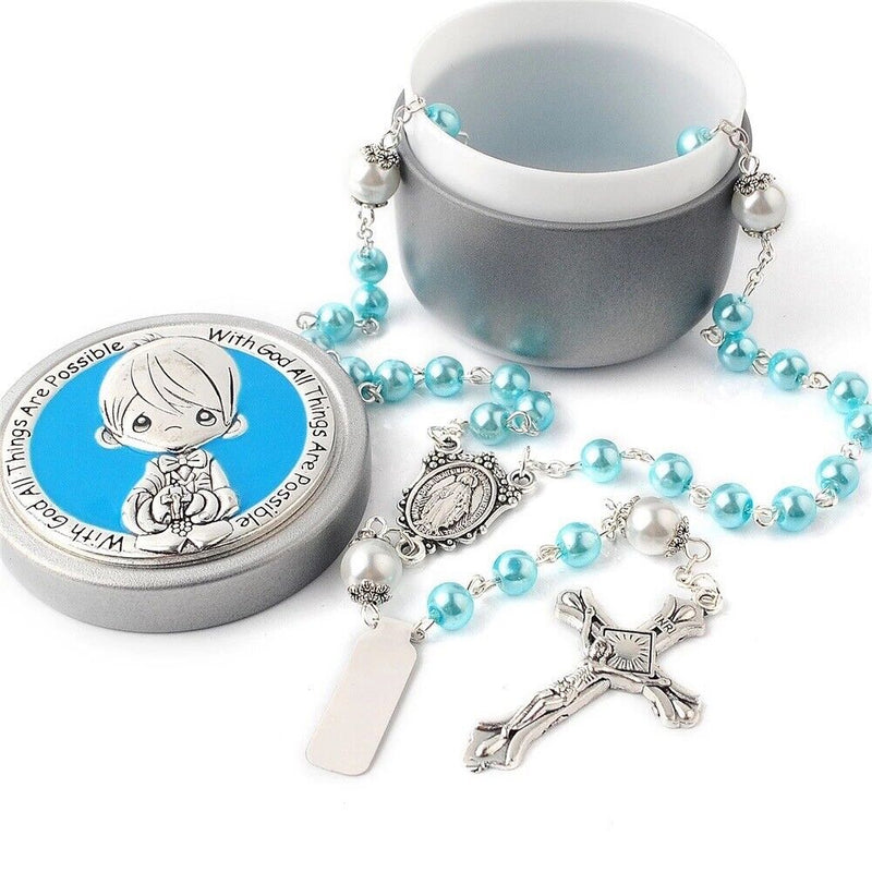 Catholic Town 6mm Glass Pearl Beads First Communion Rosary Necklace with Silver box