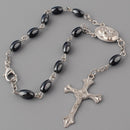 Catholic Town Auto Car Rearview Mirror Rosary with oval Hematite Beads, Jerusalem Holy Soil center piece and Crucifix cross ( ROSJHHSM-BLK )