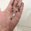Catholic Town Auto Car Rearview Mirror Rosary with oval Hematite Beads, Jerusalem Holy Soil center piece and Crucifix cross ( ROSJHHSM-BLK )
