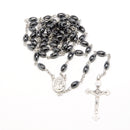 Catholic Town Rosary Necklace with oval Hematite Beads, Jerusalem Holy Soil center piece and Cross Crucifix ( ROSJSHSM-BLK )