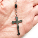 Catholic Town Rosary Necklace with oval Hematite Beads, Jerusalem Holy Soil center piece and Cross Crucifix ( ROSJSHSM-BLK )