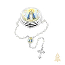 Catholic Town Rosary Necklace with Our Lady of Charity "Virgen de la Caridad del Cobre" center piece, Cross Crucifix and metallic box (Available in Red, White, Clear and Yellow colors )