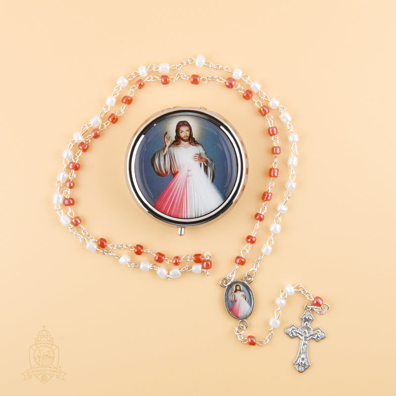 Catholic Town rosary with Divine Mercy center piece and metallic rosary box ( ROSMIRDM-WR )