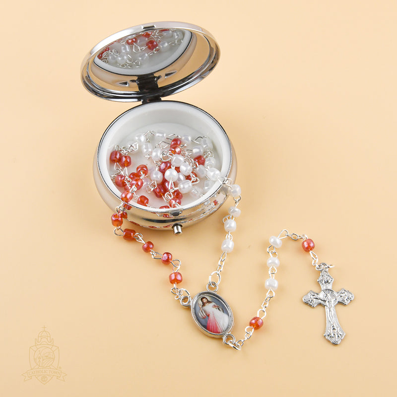 Catholic Town rosary with Divine Mercy center piece and metallic rosary box ( ROSMIRDM-WR )