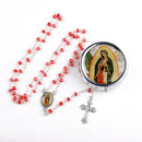 Catholic Town Rosary Necklace with Our Lady of Guadalupe - Nuestra Señora de Guadalupe - center piece, Cross Crucifix and metallic box. ( ROSMIRNSG-RED )