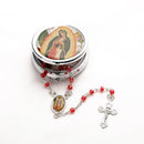 Catholic Town Rosary Necklace with Our Lady of Guadalupe - Nuestra Señora de Guadalupe - center piece, Cross Crucifix and metallic box. ( ROSMIRNSG-RED )