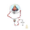 Catholic Town rosary with Sacred Heart of Jesus center piece and metallic rosary box ( ROSMIRSH-RED )