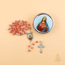 Catholic Town rosary with Sacred Heart of Jesus center piece and metallic rosary box ( ROSMIRSH-RED )