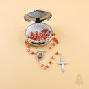 Catholic Town rosary with Sacred Heart of Jesus center piece and metallic rosary box ( ROSMIRSH-RED )