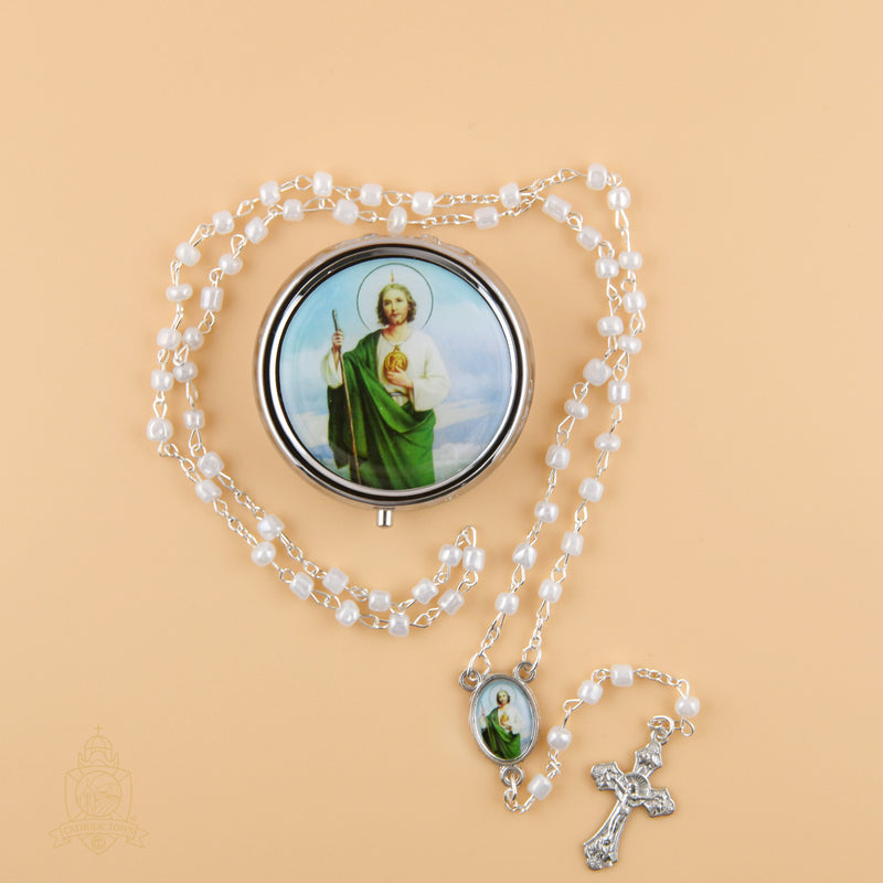 Catholic Town rosary set with St Jude rosary and metallic rosary box ( ROSMIRSJ-WHT )