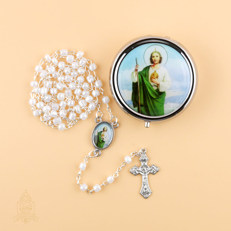 Catholic Town rosary set with St Jude rosary and metallic rosary box ( ROSMIRSJ-WHT )