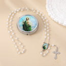 Catholic Town St. Jude Thaddeus White Bead Rosary with Matching Metal Keepsake Box ( ROSMIRSJ-WHT )
