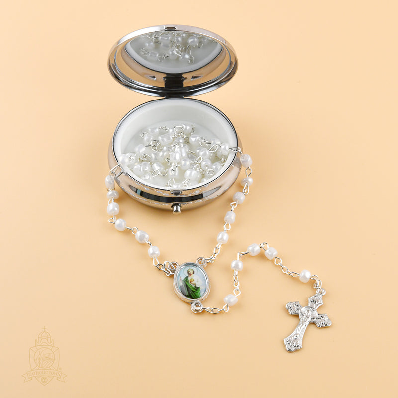 Catholic Town rosary set with St Jude rosary and metallic rosary box ( ROSMIRSJ-WHT )