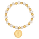 Catholic Town Bracelet, stainless steel Virgen de la Caridad del Cobre medal, natural pearl and stainless steel beads.