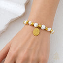 Catholic Town Bracelet with Virgen de la Caridad del Cobre  Stainless Steel Medal, natural pearl beads ( SSBCMPM-WG )