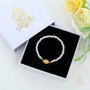 Catholic Town elastic Bracelet with stainless steel Virgen de la Caridad del Cobre medal and 4mm white beads (  SSBCMWP-4 )