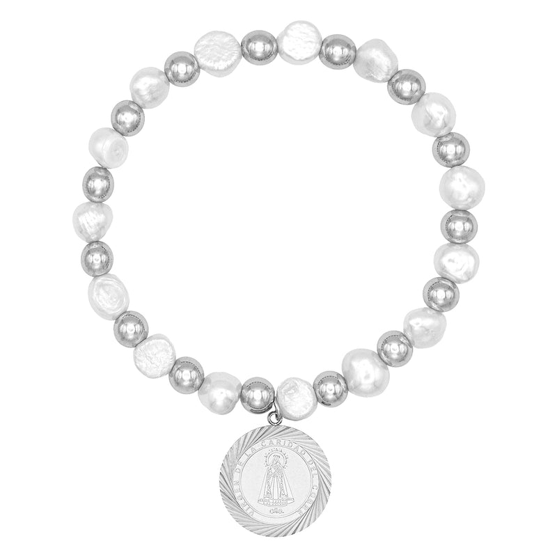 Catholic Town Bracelet, stainless steel Virgen de la Caridad del Cobre medal, natural pearl and stainless steel beads.