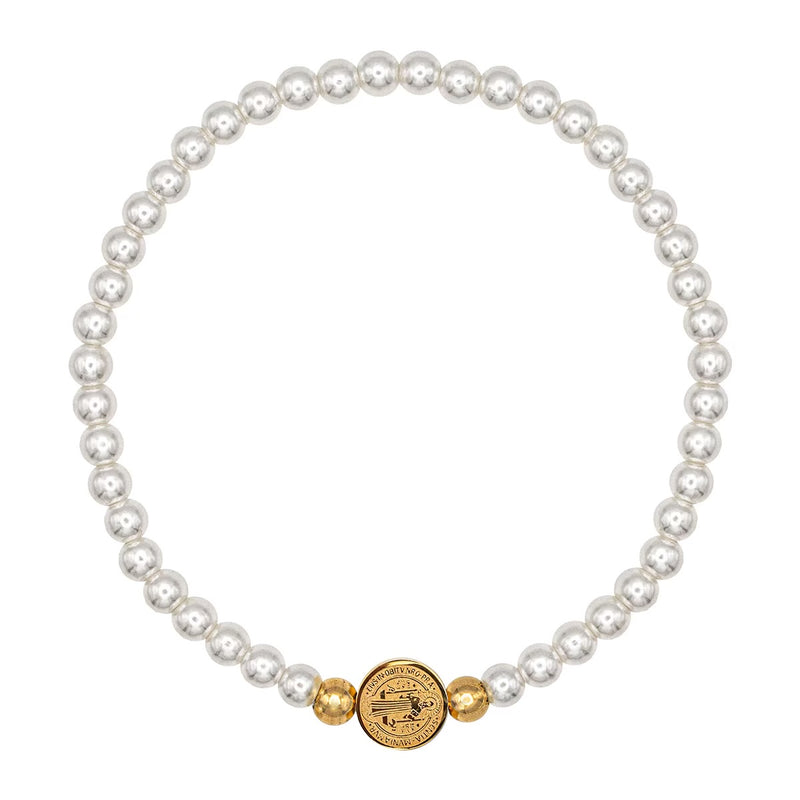 Catholic Town elastic Bracelet with stainless steel St Benedict medal and 4mm white beads ( available with Gold or Silver medals)