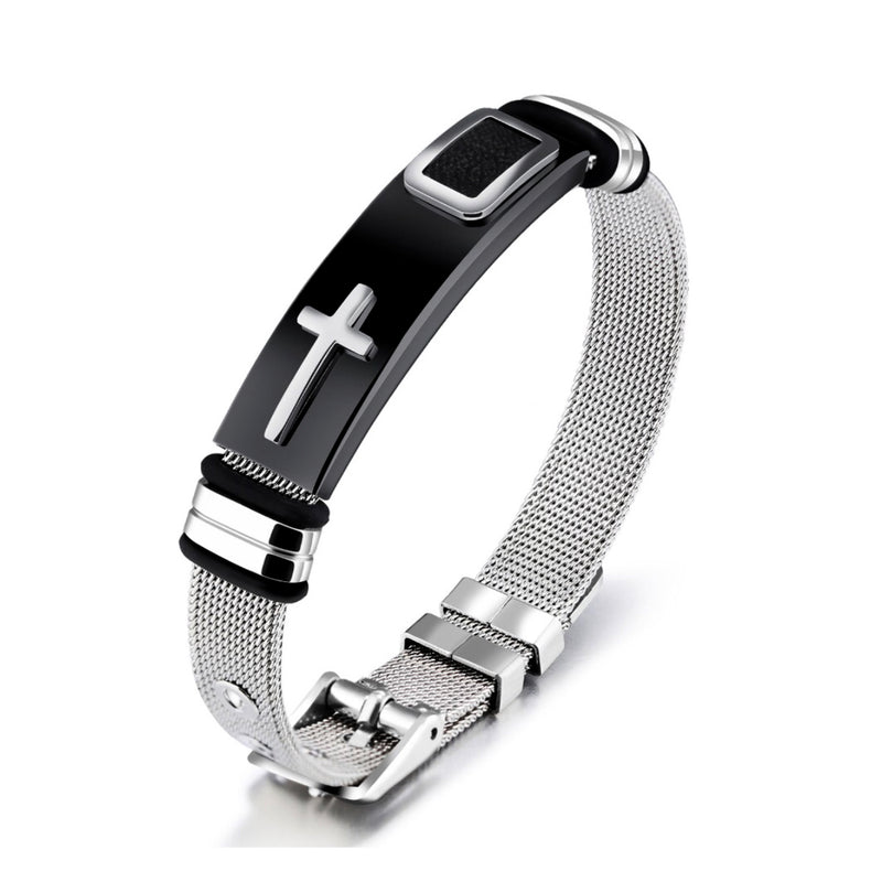 Catholic Town Men's Adjustable Bracelet Cross Stainless Steel Mesh Chain Wrist Band Bracelet