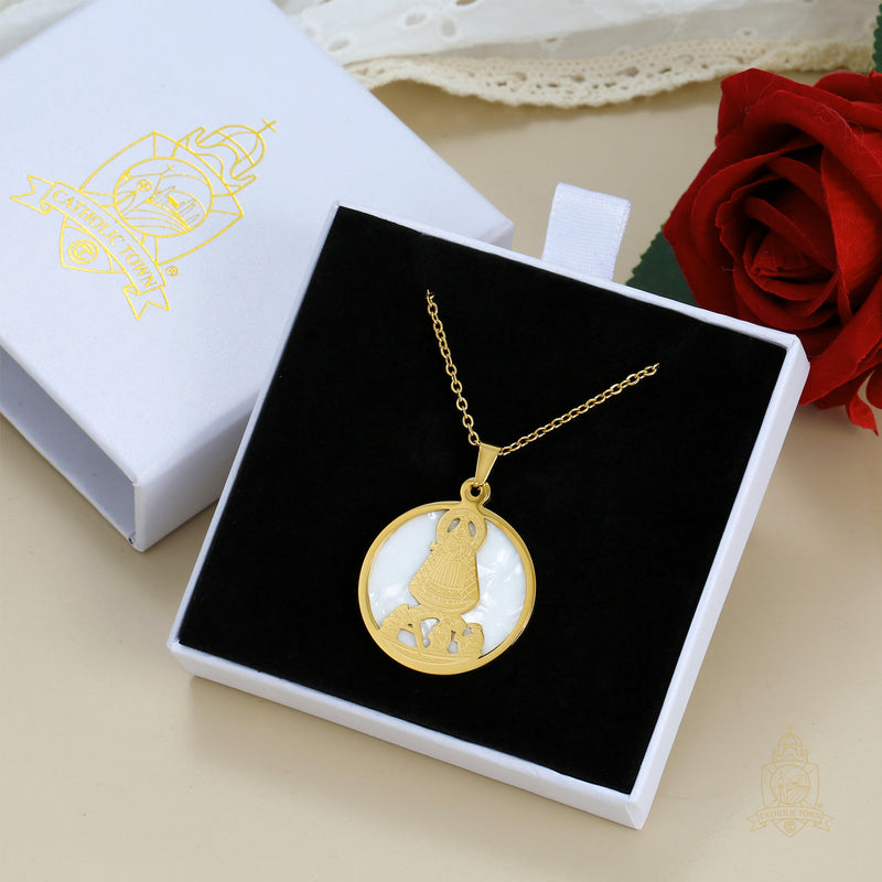 Catholic Town Virgen de la Caridad del Cobre Stainless Steel Medal with Chain available in Gold and Silver colors