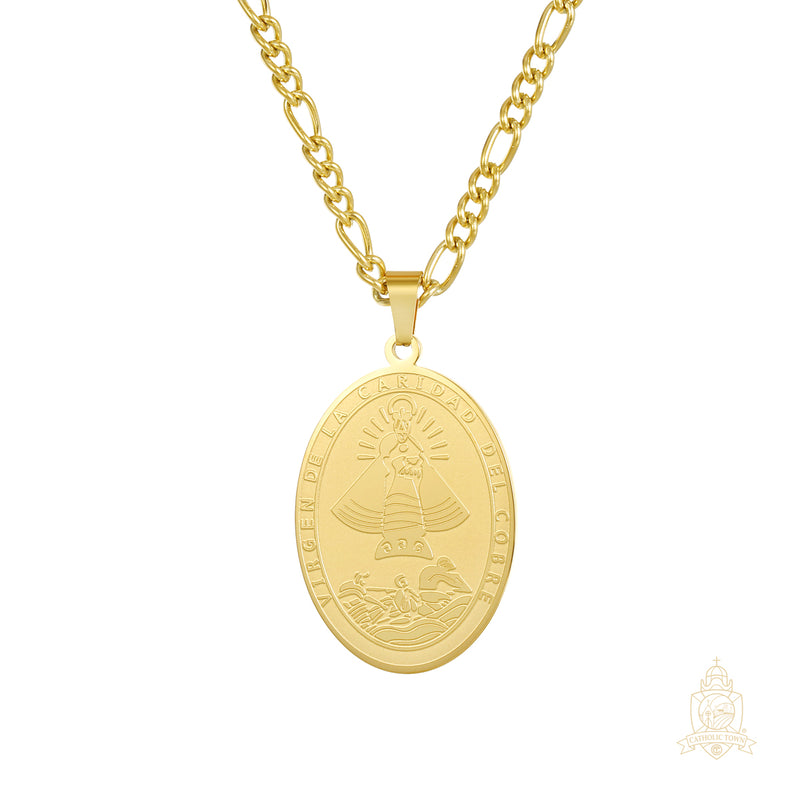 Catholic Town stainless steel Virgen de la Caridad del Cobre Medal Necklace ( SSPC35MCH-G )