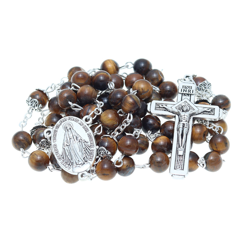 Catholic Jerusalem Rosary Necklace Tiger Eyes Beads Miraculous Medal & cross (ROSJST-TE)