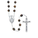 Catholic Town Rosary Necklace 8mm Tiger Eye Beads with Miraculous Medal center piece and metal Crucifix cross ( ROSJST-TE )