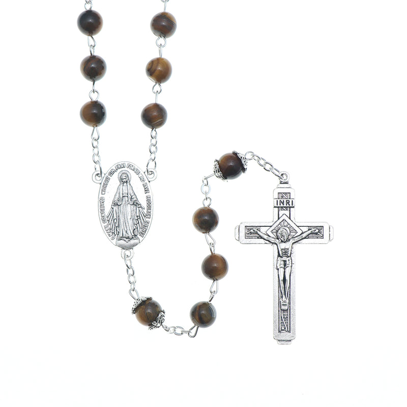 Catholic Jerusalem Rosary Necklace Tiger Eyes Beads Miraculous Medal & cross (ROSJST-TE)